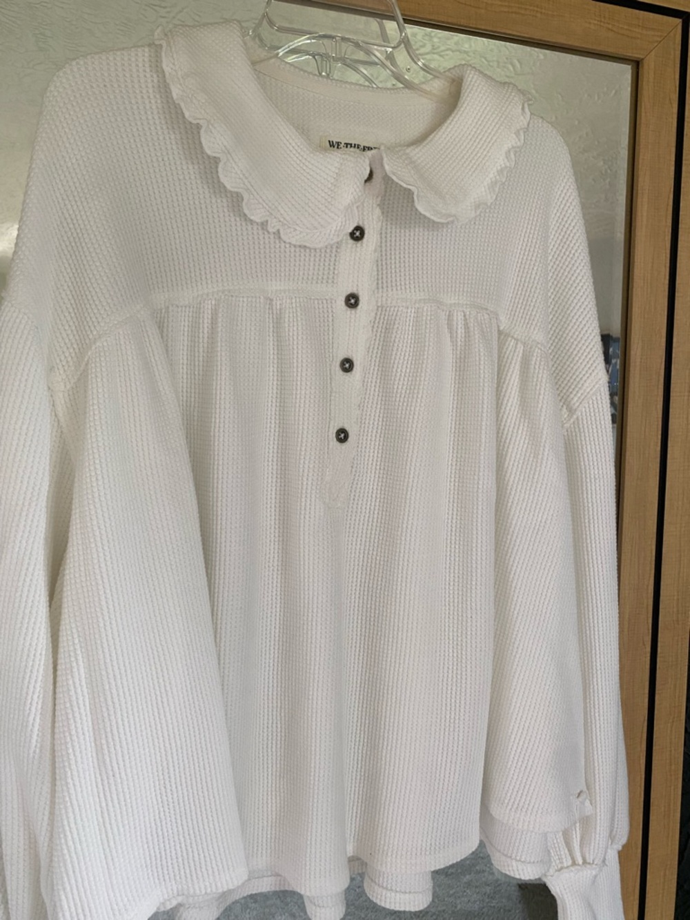 We The Free White Ruffled Collar Waffle Knit Pullover